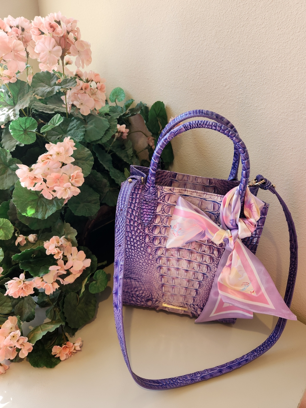 Elegant New Brahmin Purple Croc-Texture Satchel with Scarf Accent - Women Bags - Picture 8 of 8